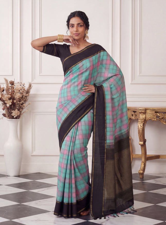 Teal Green-Black Kanchipuram Silk Saree