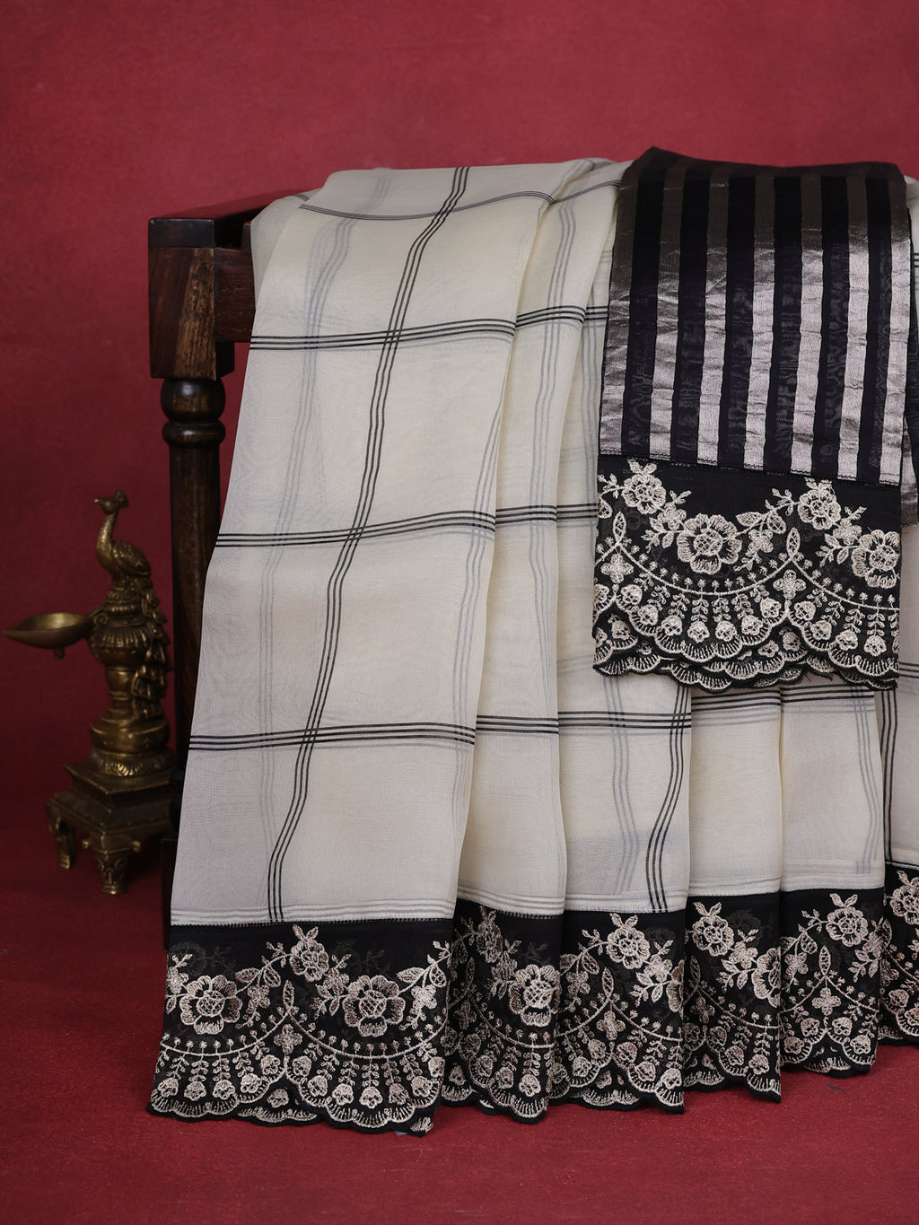Cream-Black Organza Silk Saree