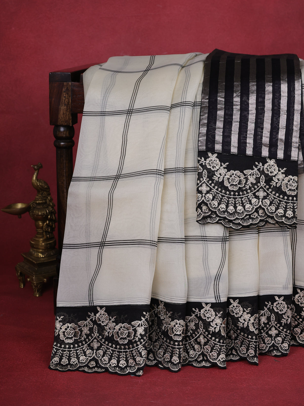 Cream-Black Organza Silk Saree