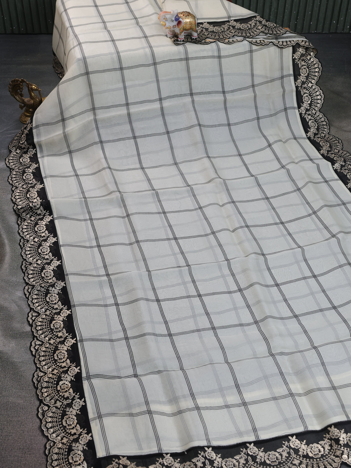 Cream-Black Organza Silk Saree