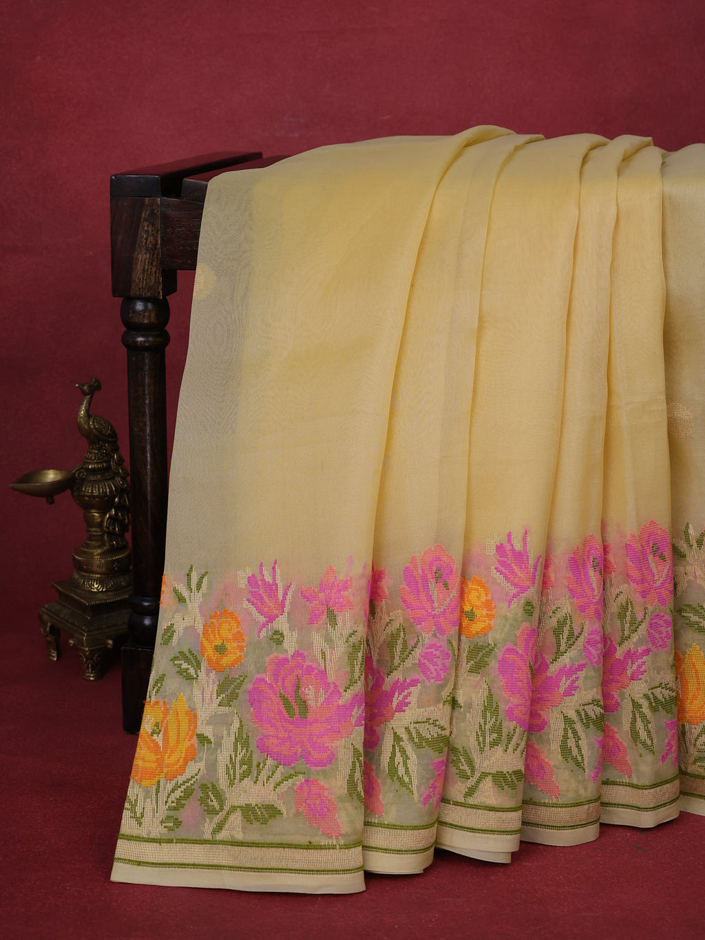 Pale Yellow Banarasi Kora Silk Saree