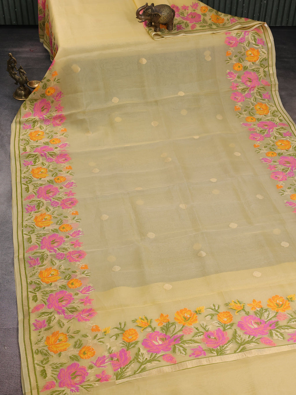 Pale Yellow Banarasi Kora Silk Saree