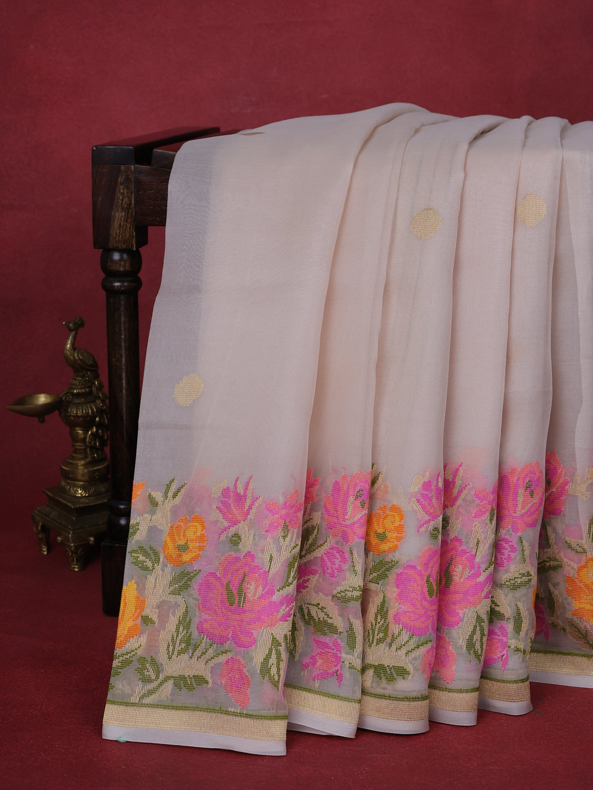 Cream Banarasi Kora Silk Saree