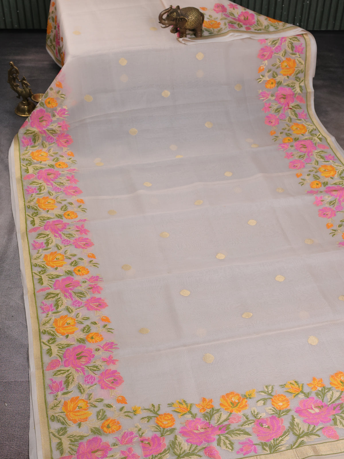 Cream Banarasi Kora Silk Saree