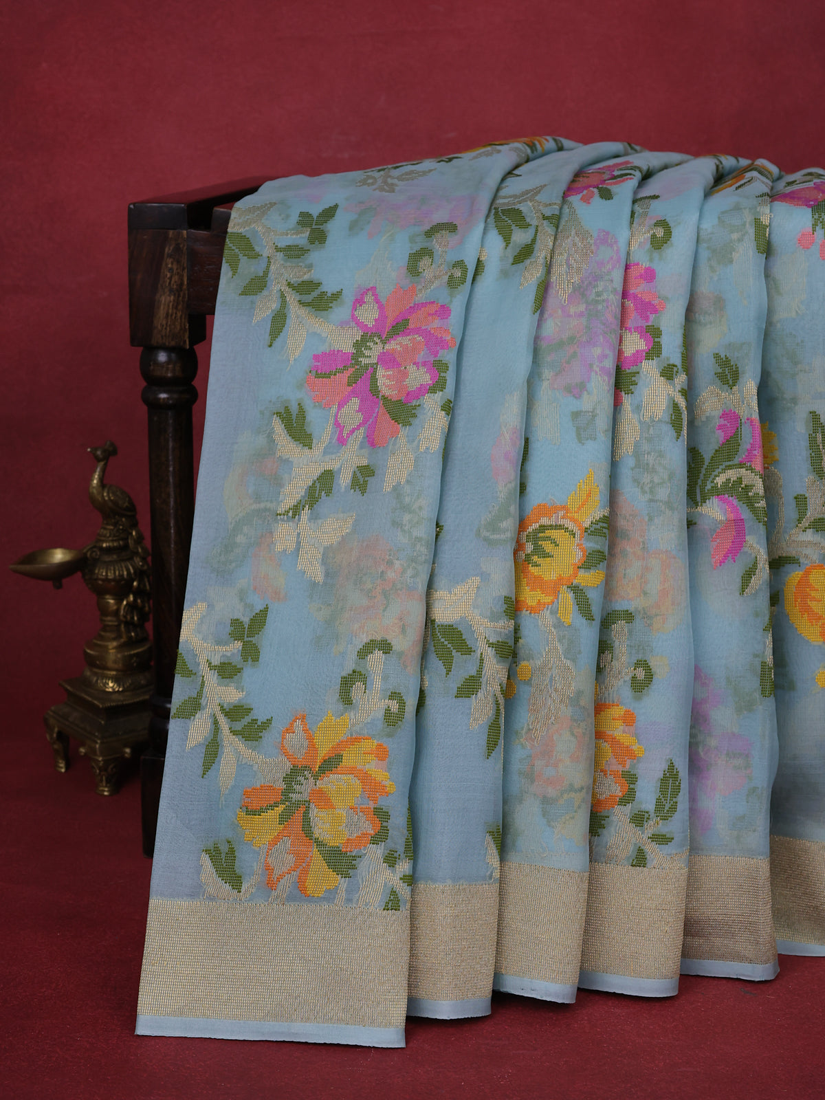 Pastel Blue Banarasi Kora Silk Saree