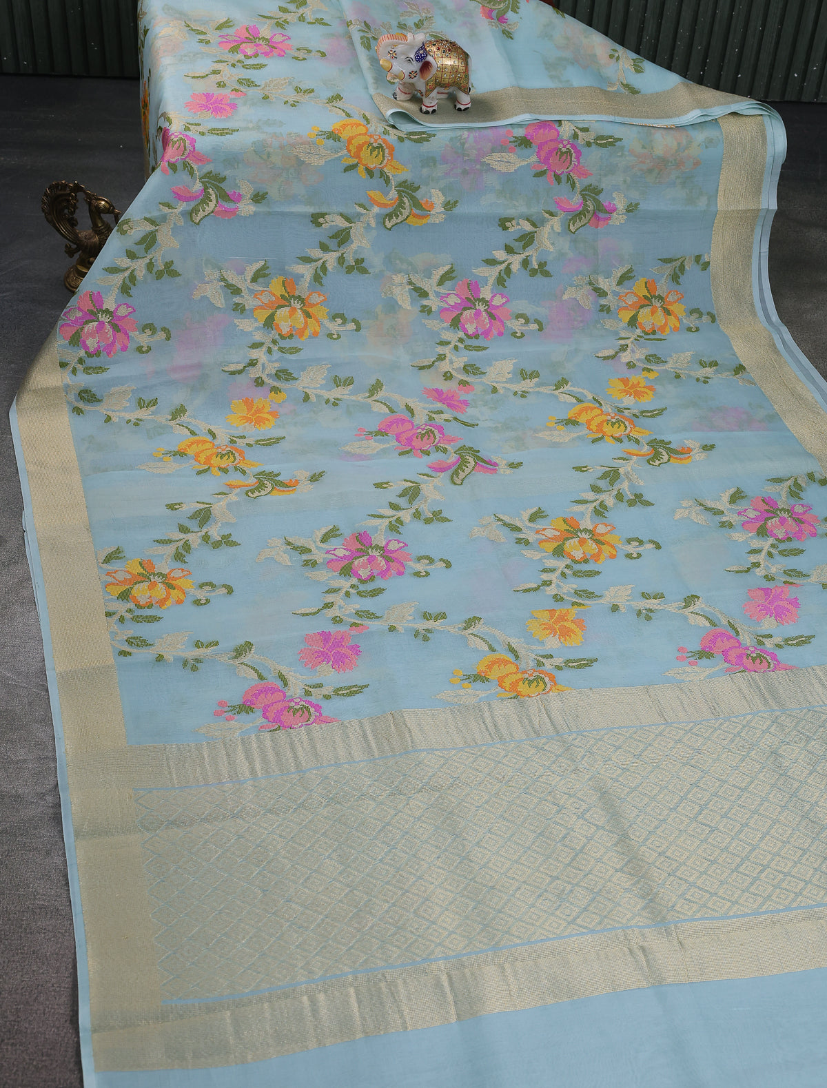 Pastel Blue Banarasi Kora Silk Saree