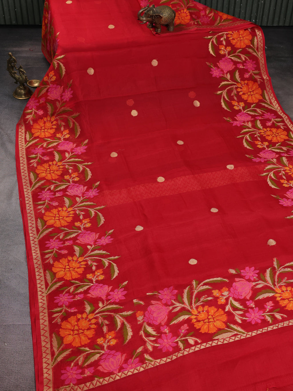 Red Banarasi Kora Silk Saree