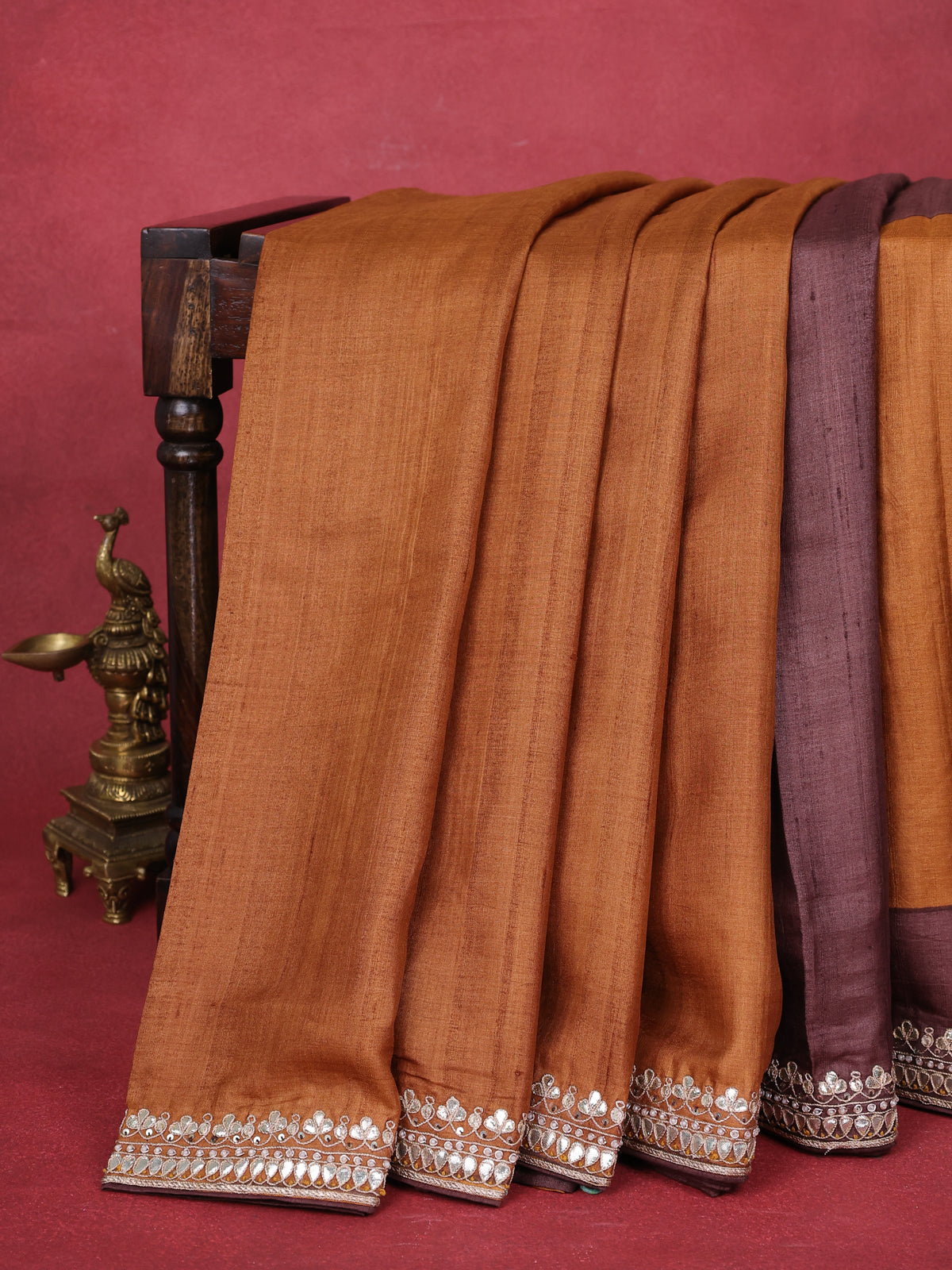 Mustard Yellow-Brown Tussar Silk Saree