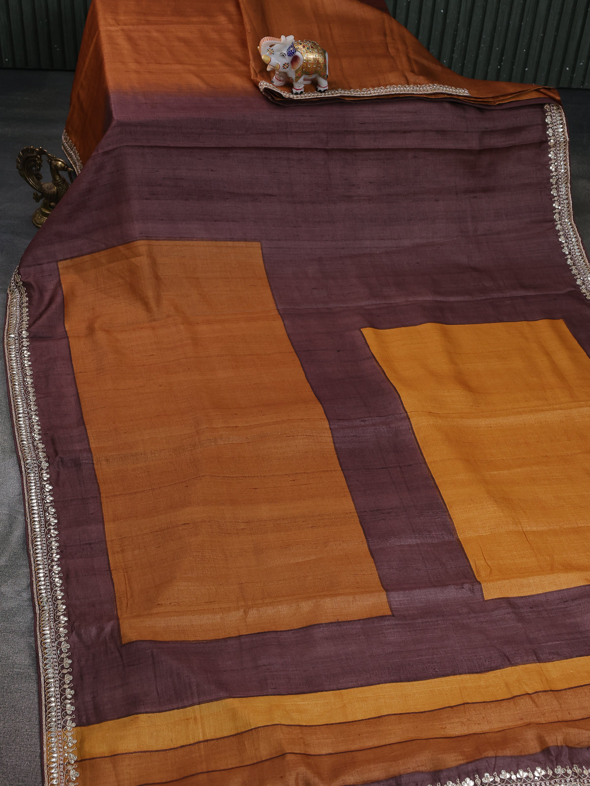 Mustard Yellow-Brown Tussar Silk Saree