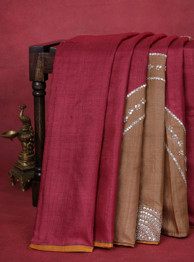 Red-Mustard Tussar Silk Saree