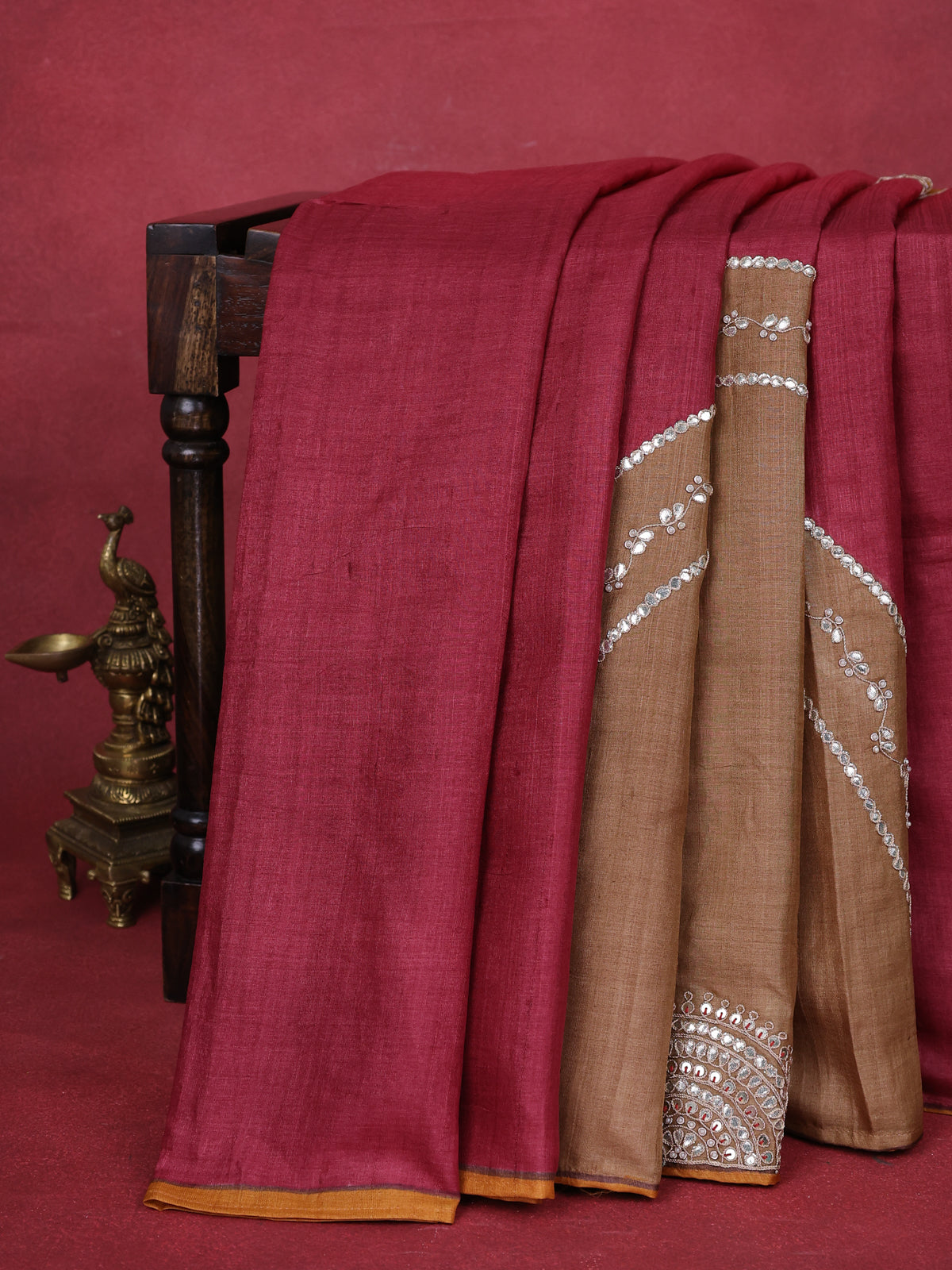 Red-Mustard Tussar Silk Saree