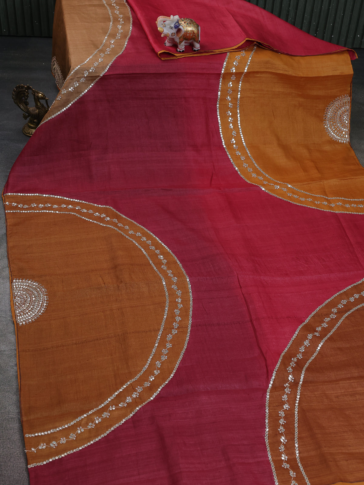 Red-Mustard Tussar Silk Saree