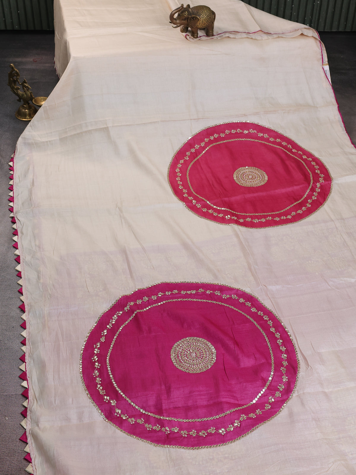 Off White-Pink Tussar Silk Saree