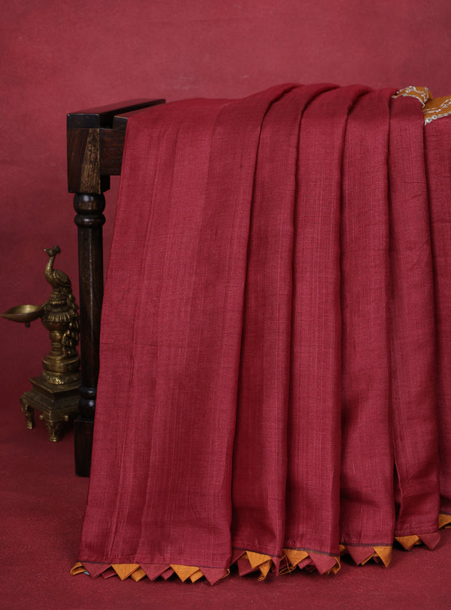 Maroon-Mustard Tussar Silk Saree