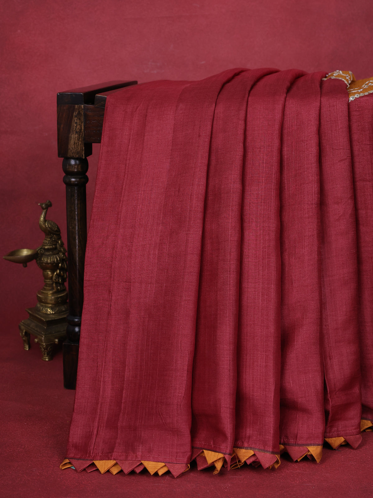 Maroon-Mustard Tussar Silk Saree