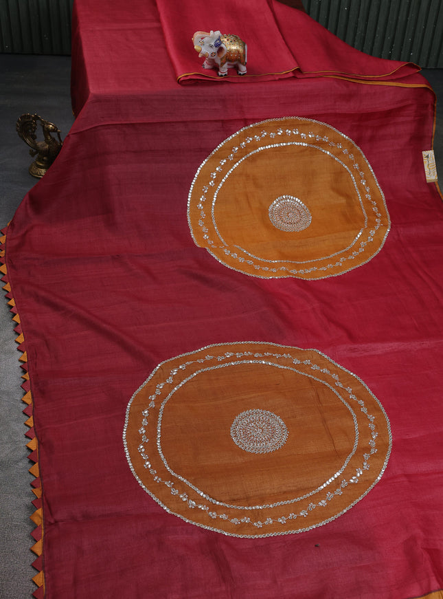 Maroon-Mustard Tussar Silk Saree