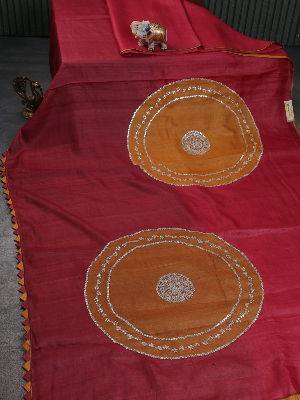 Maroon-Mustard Tussar Silk Saree