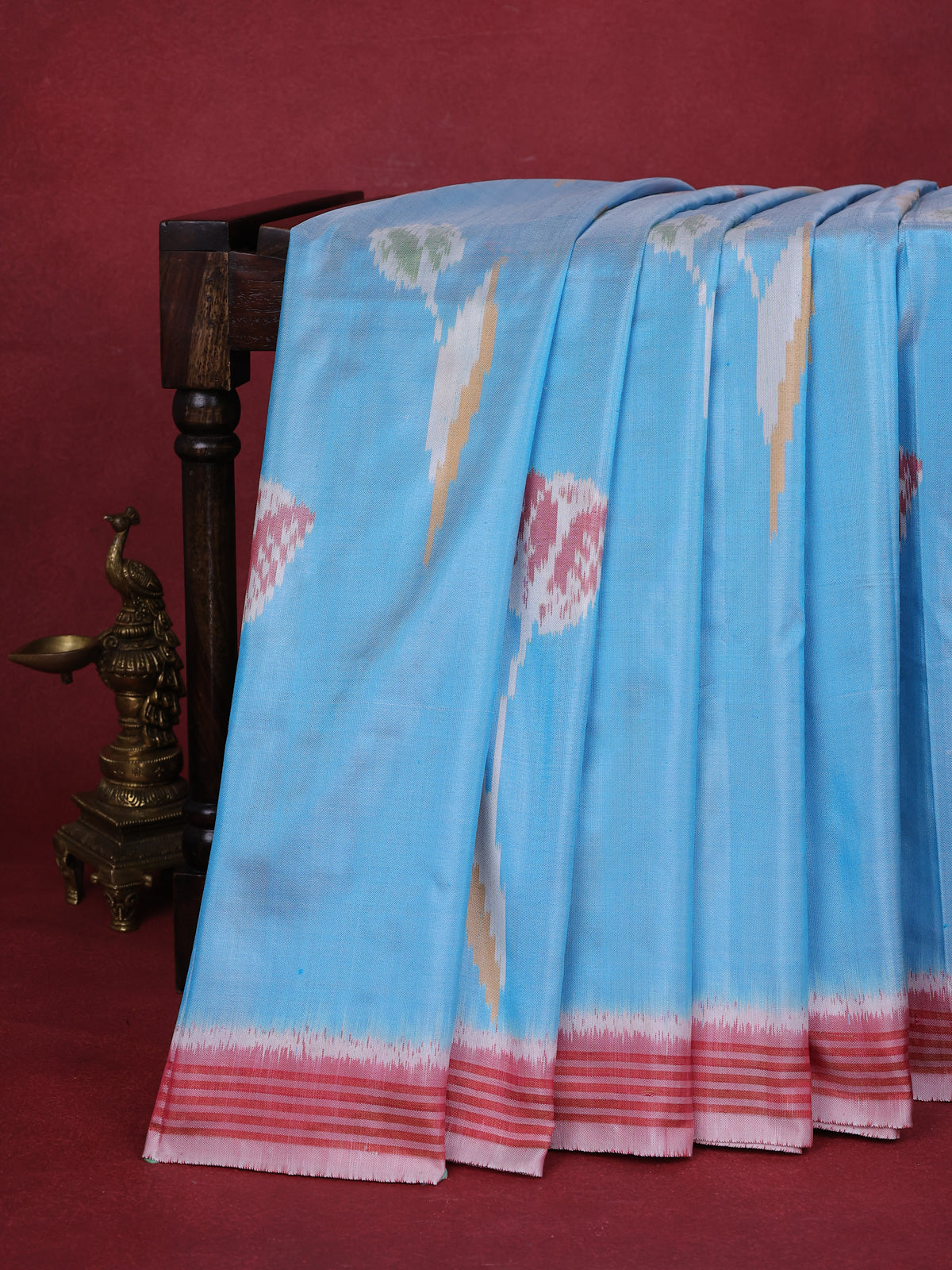 Light Blue-Red Pochampally Silk Saree