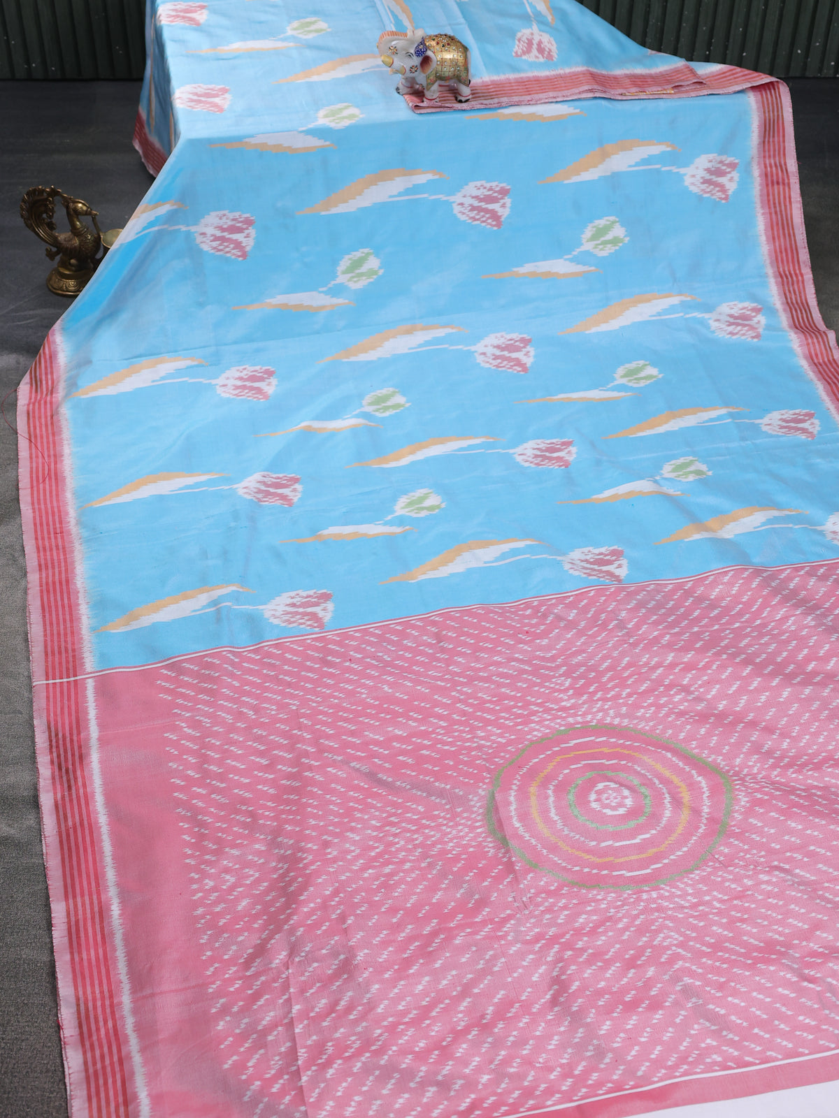 Light Blue-Red Pochampally Silk Saree