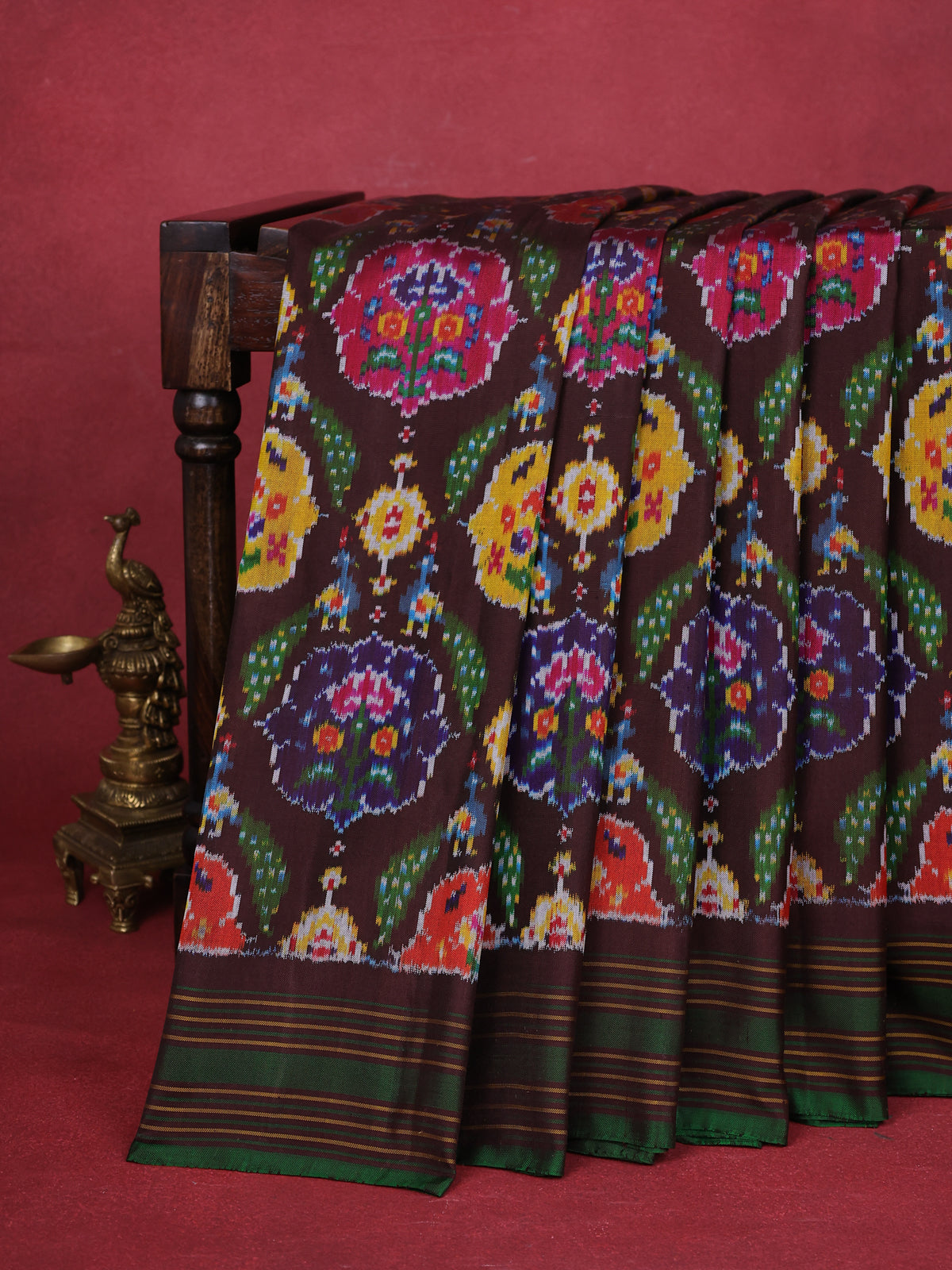 Brown-Green Pochampally Silk Saree