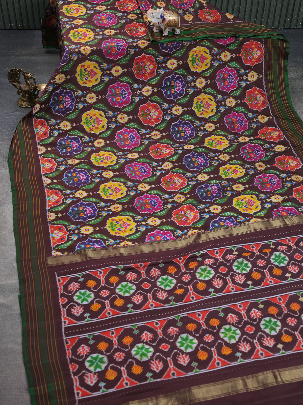 Brown-Green Pochampally Silk Saree