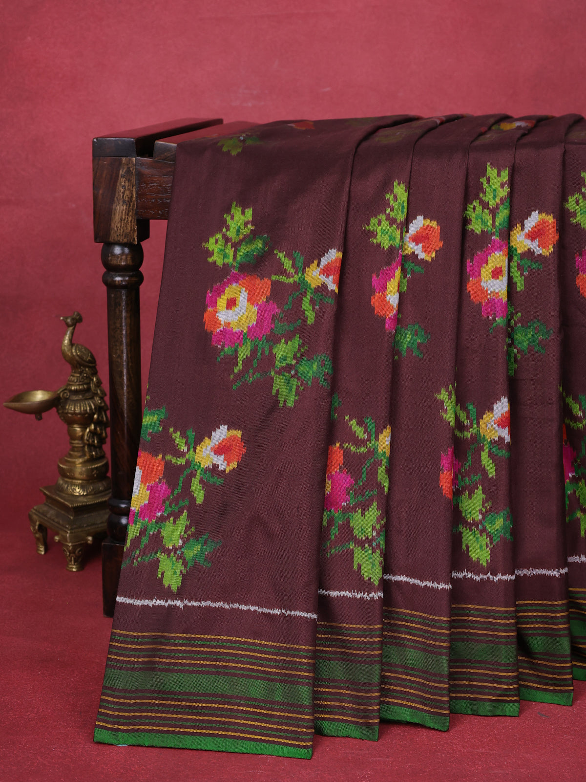 Brown-Green Pochampally Silk Saree
