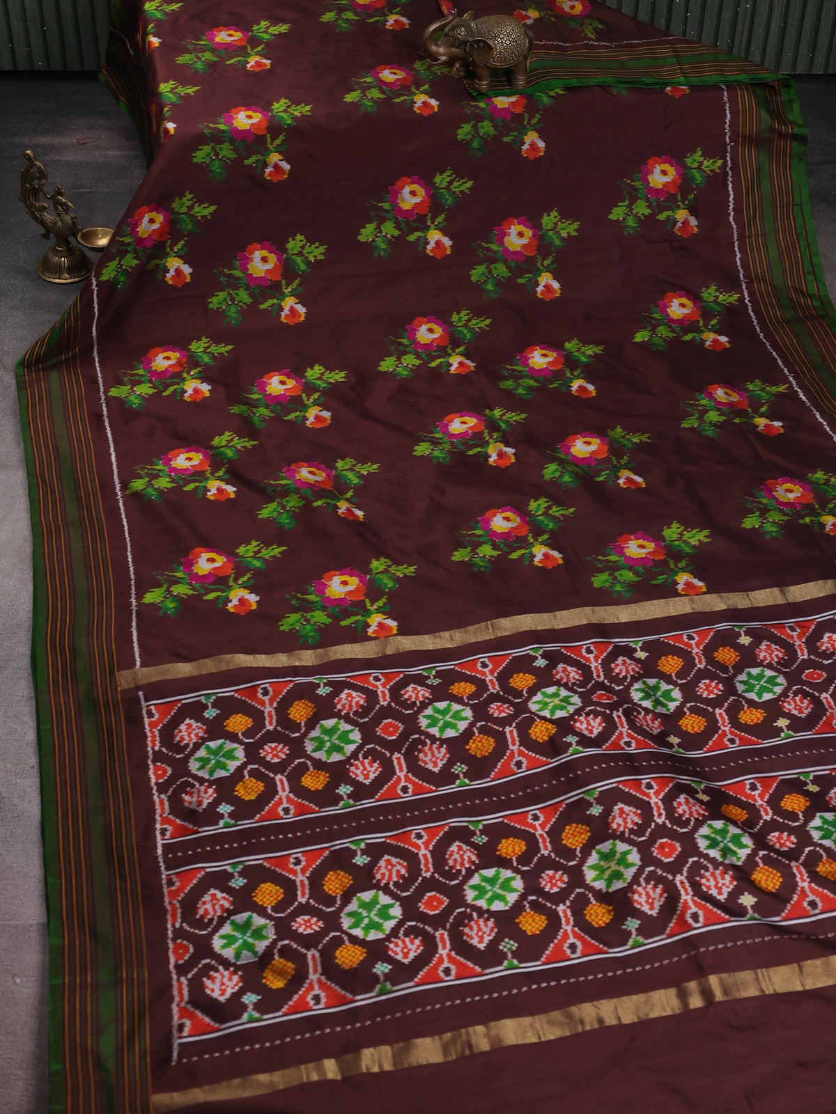 Brown-Green Pochampally Silk Saree