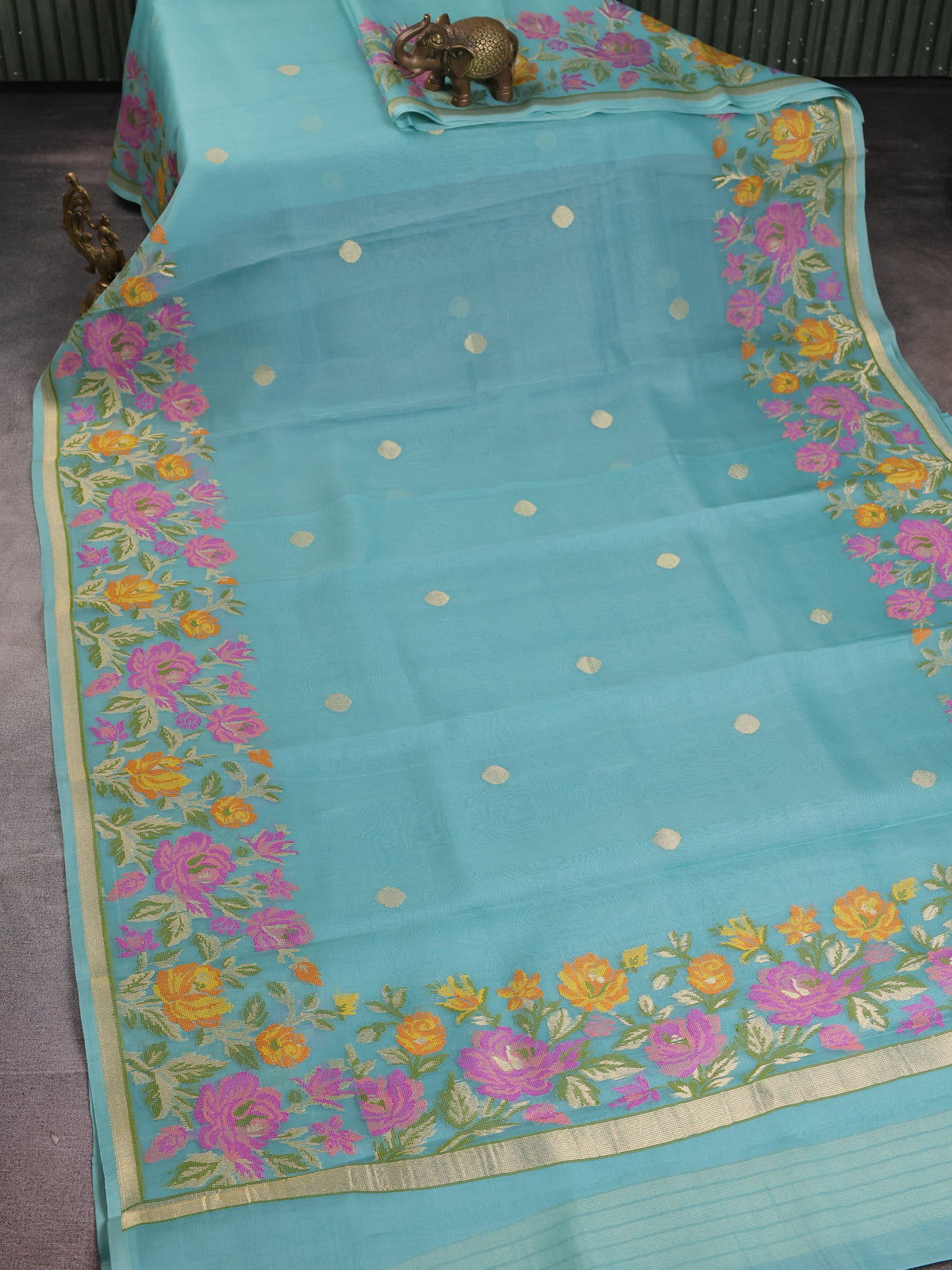 Teal Blue Banarasi Kora Saree