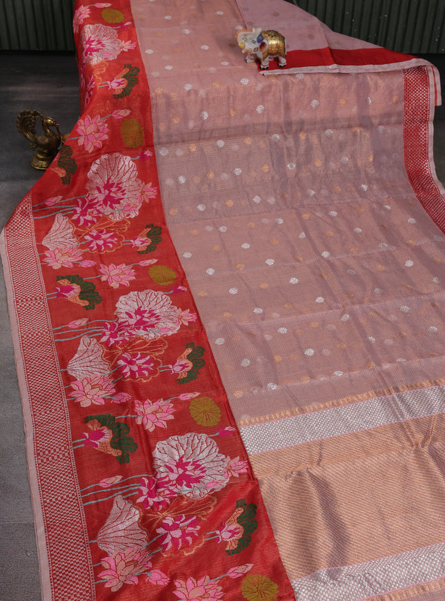 Pastel Pink-Red Kota Tissue Silk Saree
