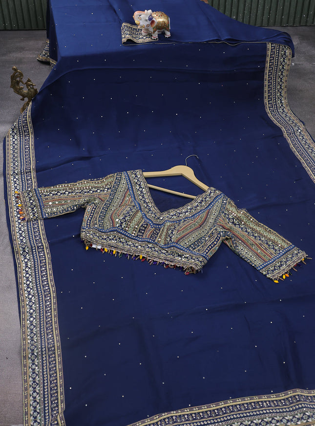 Navy Blue Organza Silk Saree - Embroidery Readymade Blouse
