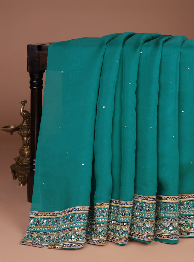 Teal Green Organza Silk Saree - Embroidery Readymade Blouse