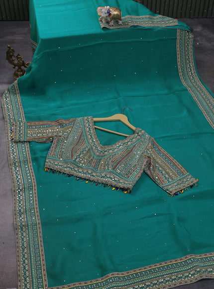Teal Green Organza Silk Saree - Embroidery Readymade Blouse