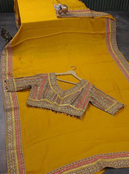 Mustard Yellow Satin Organza Silk Saree - Embroidery Readymade Blouse