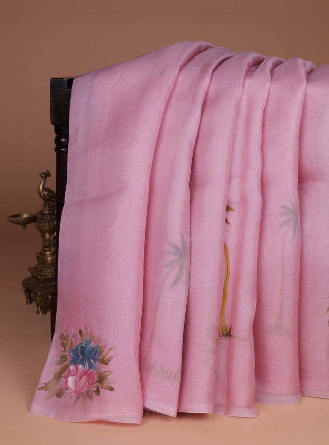 Light Pink Organza Hand Painted Silk Saree