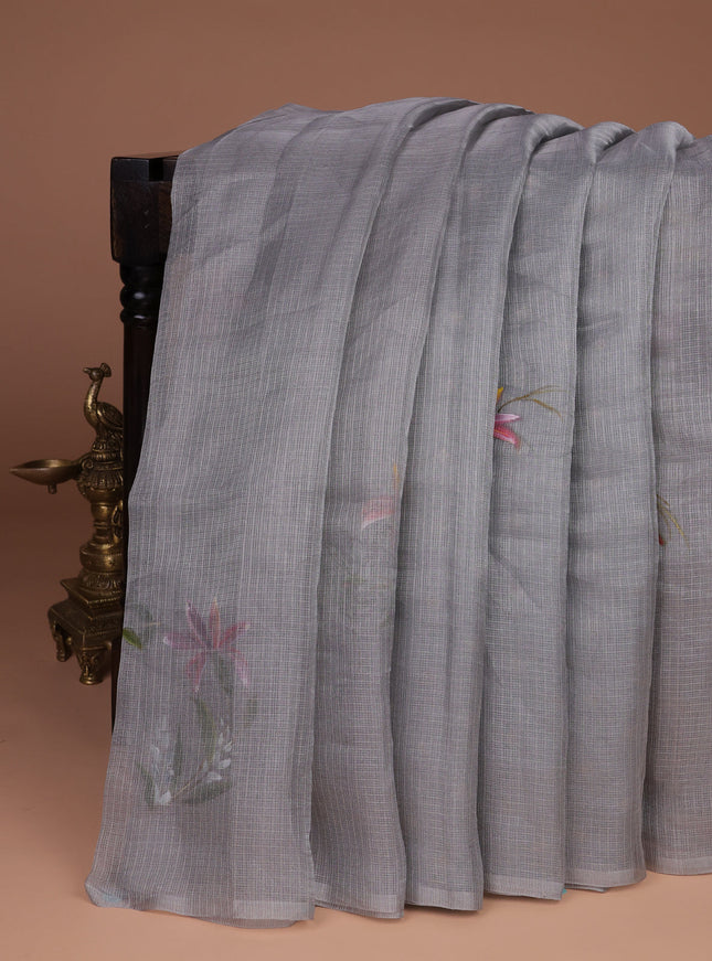 Grey Organza Hand Painted Silk Saree