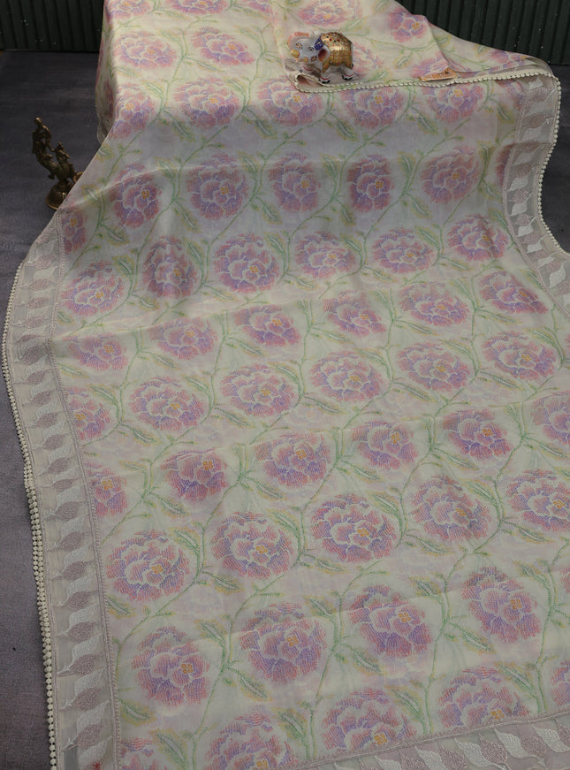 Cream Organza Silk Saree