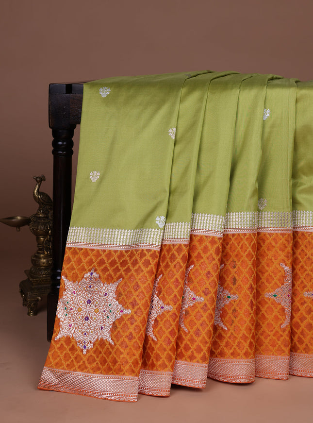 Pista Green-Orange Banarasi Silk Saree