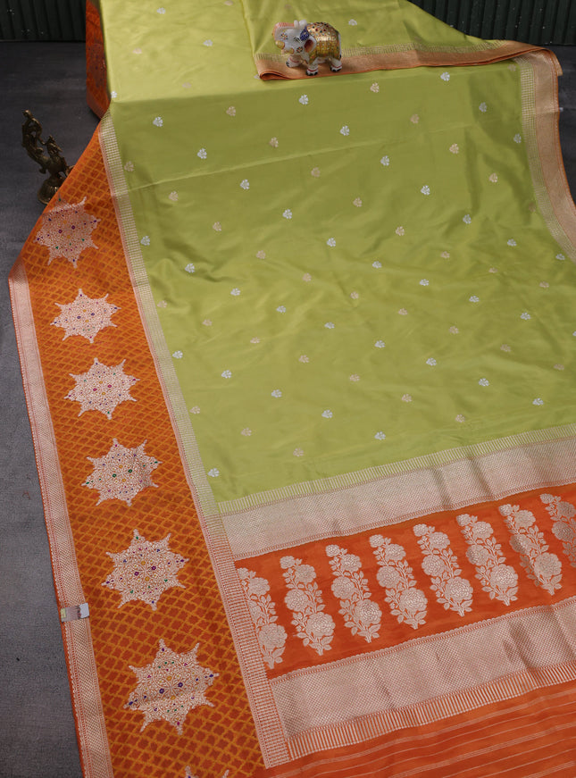 Pista Green-Orange Banarasi Silk Saree