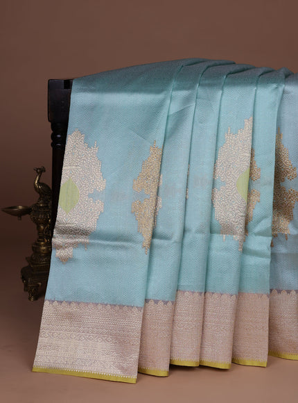 Teal Blue-Yellow Banarasi Kora Saree