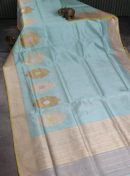 Teal Blue-Yellow Banarasi Kora Saree