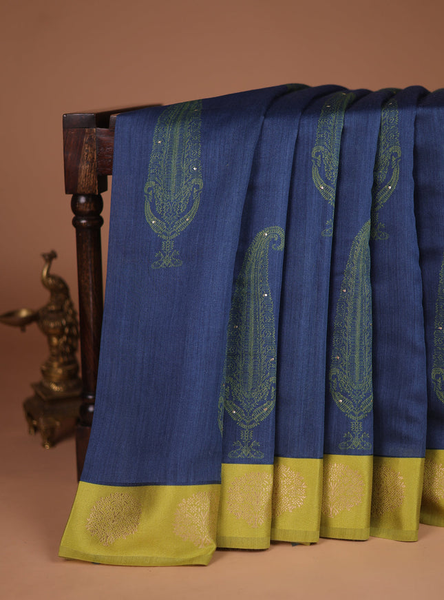 Peacock Blue -Light Green Tussar Silk Saree