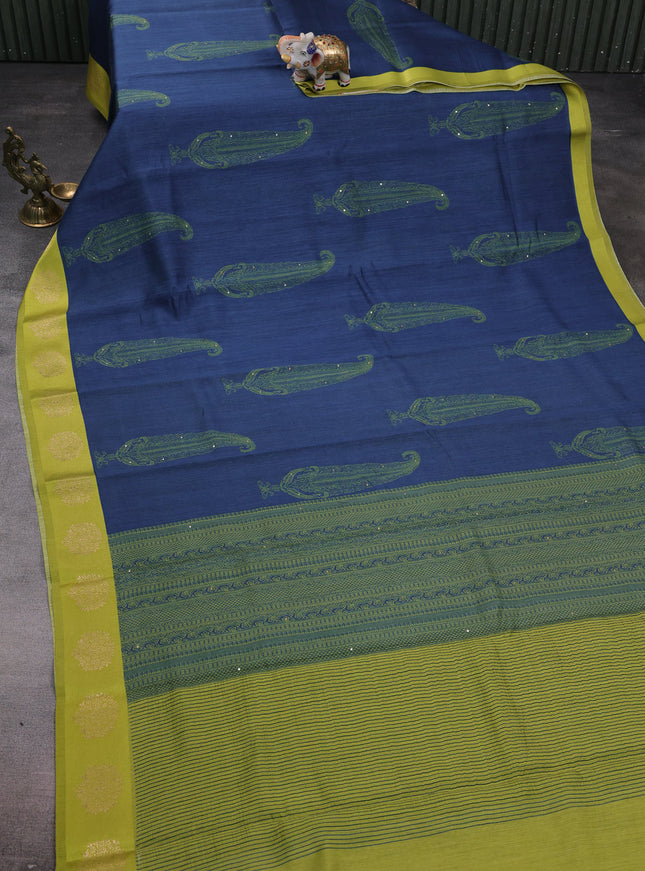 Peacock Blue -Light Green Tussar Silk Saree