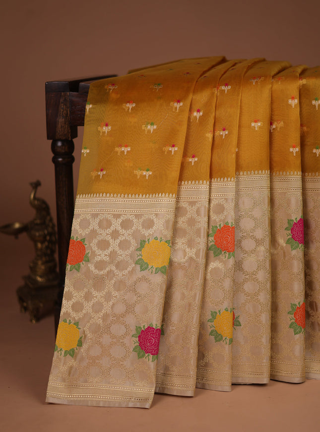 Yellow-Sandal Banarasi Kora Saree