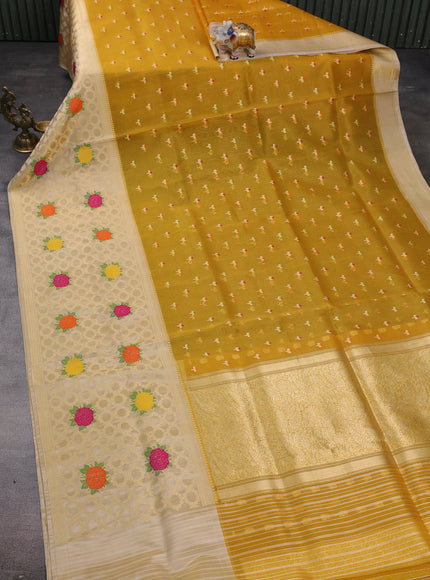Yellow-Sandal Banarasi Kora Saree