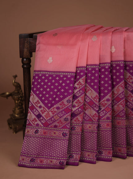 Peach Pink-Purple Banarasi Kora Saree
