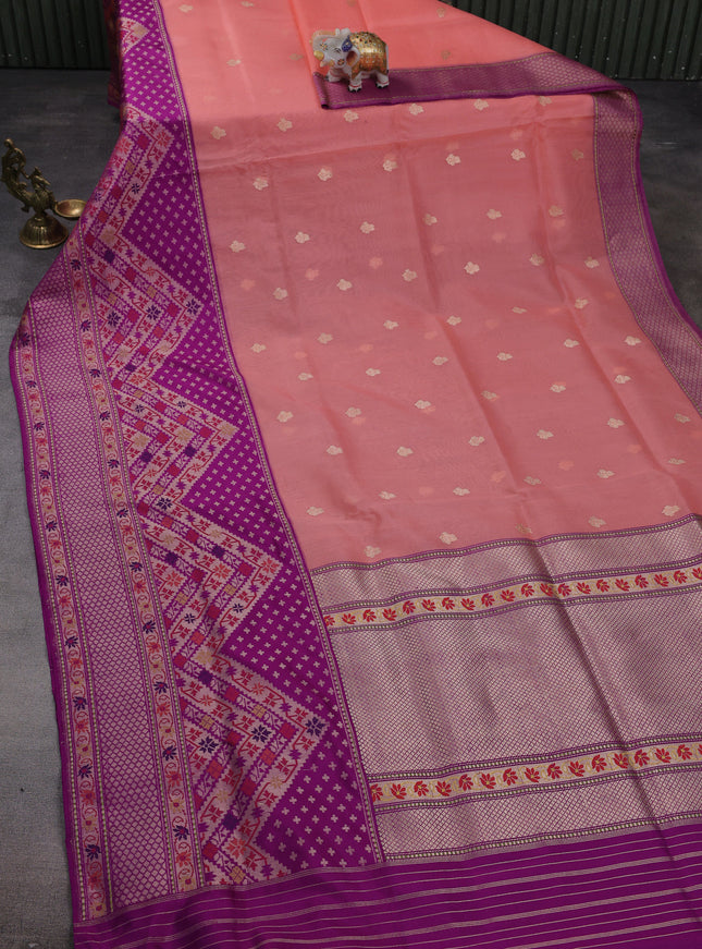 Peach Pink-Purple Banarasi Kora Saree