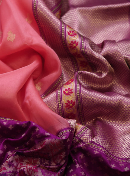 Peach Pink-Purple Banarasi Kora Saree
