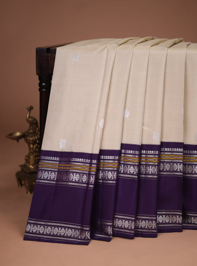 Off White -Blue Pure Kanchipuram Silk Saree
