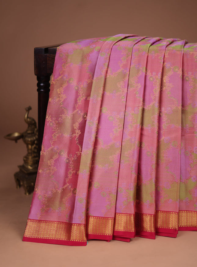 Peach Pink-Pink Pure Kanchipuram Silk Saree