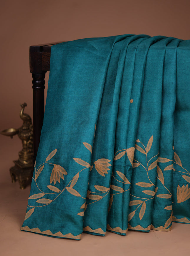 Teal Green Tussar Silk Saree